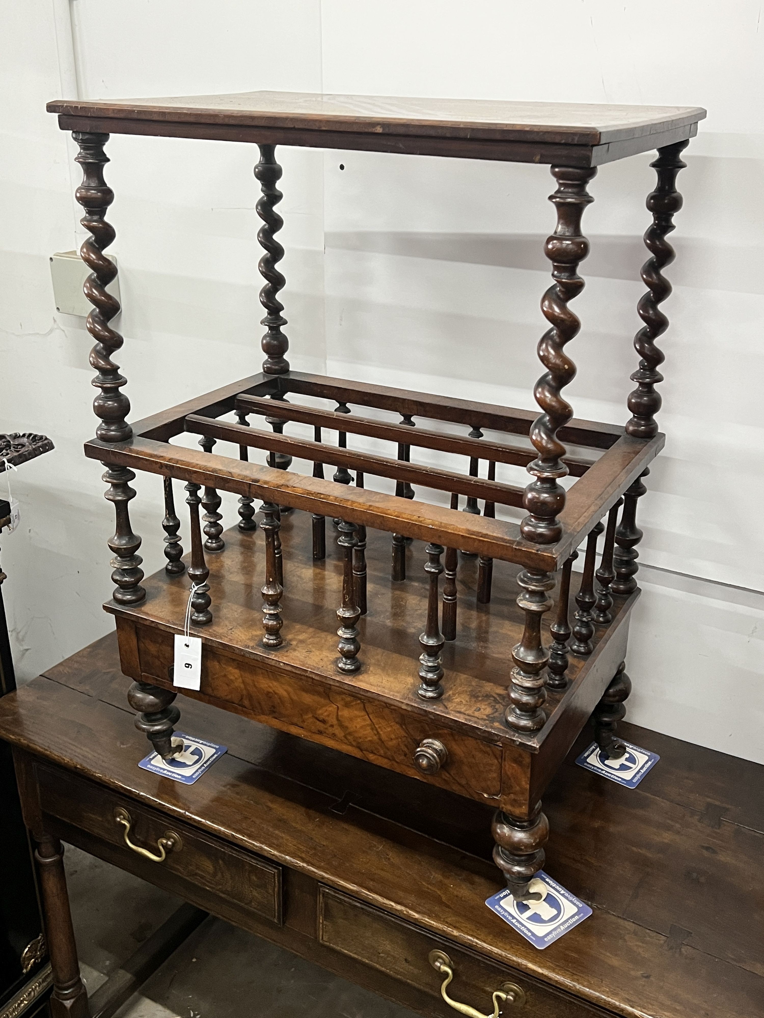 A burr walnut Canterbury / whatnot (lacks superstructure), width 61cm, depth 39cm, height 89cm
